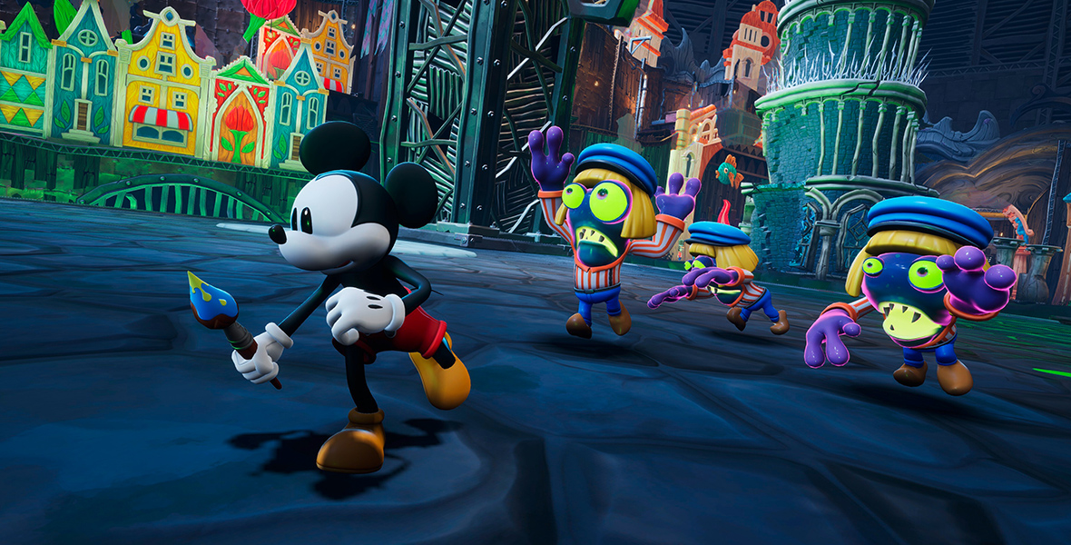 Mickey Mouse runs to the left of the image, holding his paint brush. He is being chased by three blob creatures who are all wearing matching striped shirts, pants, and wigs.