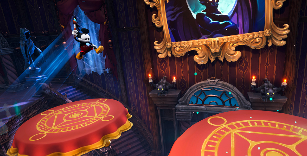 Mickey Mouse jumps off of a red platform, holding a paintbrush high in the air. He is inside a mansion with a portrait of Chernobog featured on the wall in the upper right corner. 