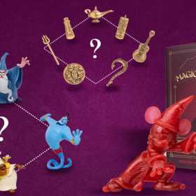 The image features a dark purple background showcasing the mystery items from the D23 2024 Gold Member Collector Set. On the left, figurines of Genie, Maleficent, Merlin, and Mama Odie are arranged in a diamond shape around a prominent question mark, adding an air of intrigue. In the center, various gold pins—including Genie's Magic Lamp, King Triton's Trident, Madame Leota's Crystal Ball, Maui's Fishhook, Miguel's Guitar, the Madrigal Family Candle, and Yzma's Llama Potion—are similarly positioned in a diamond formation, enhancing the mystery theme. To the right, the Celestial Scarlet Glitter Variant of Sorcerer Apprentice Mickey Mouse stands out in front of its stylish box, completing this captivating display.