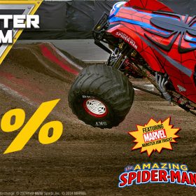 A large monster truck decorated like Spider-Man's suit drives down a muddy hill inside the Monster Jam arena. The left side of the image contains the Monster Jam logo and text that reads “SAVE 25%.” Under the vehicle is the Amazing Spider-Man logo and a comic-style text bubble that reads “FEATURING MARVEL MONSTER JAM TRUCKS.”