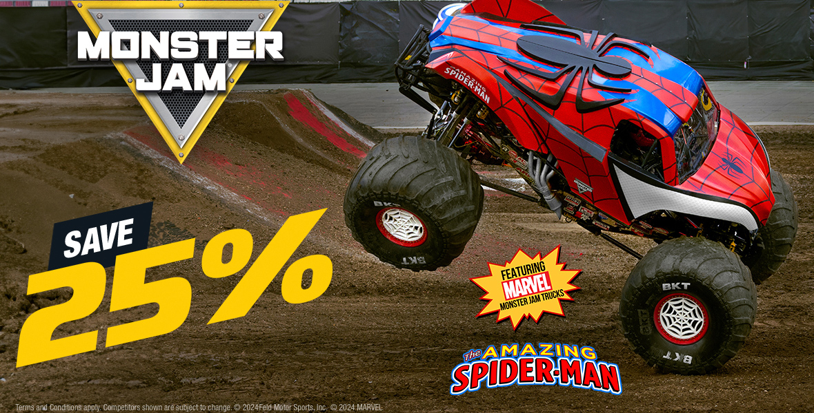 A large monster truck decorated like Spider-Man's suit drives down a muddy hill inside the Monster Jam arena. The left side of the image contains the Monster Jam logo and text that reads “SAVE 25%.” Under the vehicle is the Amazing Spider-Man logo and a comic-style text bubble that reads “FEATURING MARVEL MONSTER JAM TRUCKS.”