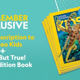 the right side of a bright teal background. The left side of the graphic in yellow and white text reads: “D23 Member Exclusive | 1-year subscription to Nat Geo Kids + Weird But True! Disney Edition book.”