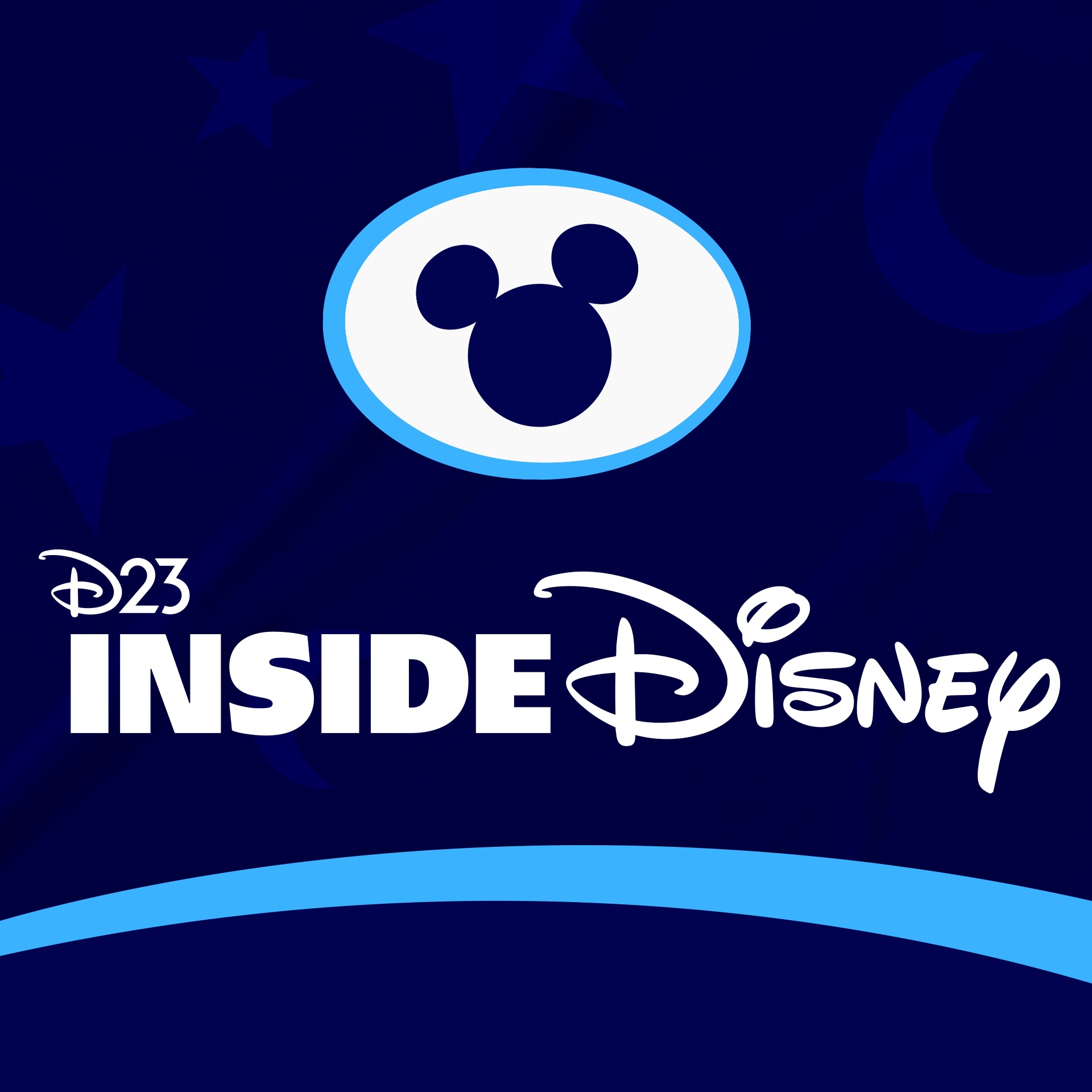 Promotional graphic for the "D23 Inside Disney," featuring a stylized dark blue background dotted with stars and a crescent moon. In the center, a simplified Mickey Mouse icon is highlighted within a light blue circle. Below, the words "D23 INSIDE DISNEY" are written in a playful, flowing white script.