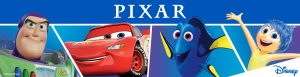 Banner for Pixar, featuring a lineup of beloved Pixar characters against a vibrant blue background. From left to right: Buzz Lightyear from "Toy Story," looking heroic; Lightning McQueen from "Cars," with a confident smile; Dory from "Finding Nemo," appearing joyful; and Joy from "Inside Out," with her arms raised in excitement.