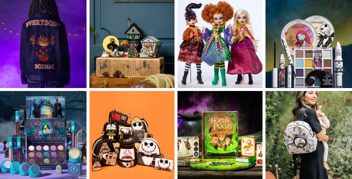 [Top row] Cakeworthy Disney Tim Burton’s The Nightmare Before Christmas Everybody Scream Glow Denim Jacket showing the back with the Pumkin King; LEGO Disney Tim Burton’s The Nightmare Before Christmas Building Set fully built on a wooden block; Mattel Skullcollector Disney Hocus Pocus Dolls featuring Winifred, Sarah, and Mary Sanderson; wet N’ wild Disney Tim Burton’s Nightmare Before Christmas Makeup Collection upright showcasing the makeup. [Bottom row] Haunted Mansion and ColourPop Full Collection Set upright showcasing the makeup; 2024 Loungefly Disney Tim Burton’s The Nightmare Before Christmas Collection in front of an orange background, Ravensburger Disney Hocus Pocus Board Game open to show the game box and board; person wearing the Petunia Pickle Bottom Halloween Town Ace Backpack on her back while holding a baby.