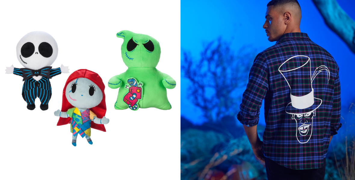 Left image shows three plush from Disney Tim Burton’s The Nightmare Before Christmas: Jack Skellington, Sally, and Oogie Boogie. Right image shows person with their back turned wearing the Dr. Facilier Flannel Shirt for Adults by Cakeworthy, featuring the white outline of character on the back of the blue flannel.