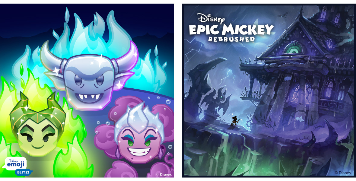 Left shows three emojis from Disney Emoji Blitz mobile game including Maleficent, Platinum Chernabog, and Ursula. Right shows Epic Mickey: Rebrushed! game image with a haunted looking house looming over a small silhouette of Mickey Mouse.