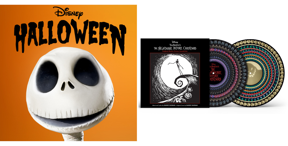 Left image shows a music playlist cover with the copy ”Disney Halloween” and an image of Jack Skellington’s head below it. Right image shows the Disney Tim Burton’s The Nightmare Before Christmas Zoetrope Vinyl, with its black case and two colorful vinyl records.