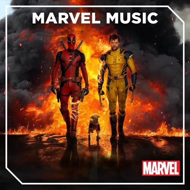 Deadpool and Wolverine walk side by side in front of a fiery explosion with thick black smoke in the background. Both are in their iconic costumes—Deadpool in his red and black suit and Wolverine in his yellow and blue suit. A small dog walks between them, completing the scene. The image is framed with the text "Marvel Music" at the top, and the Marvel logo in the bottom right corner.