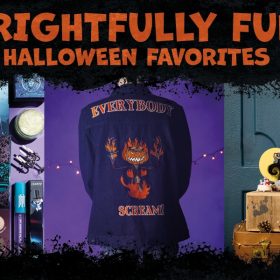 Halloween themed image with title copy “Frightfully Fun Halloween Favorites” including three product images: to the left, Haunted Mansion and ColourPop Full Collection Set; in the middle, the Cakeworthy Disney Tim Burton’s The Nightmare Before Christmas Everybody Scream Glow Denim Jacket; and to the right, LEGO Disney Tim Burton’s The Nightmare Before Christmas Building Set.