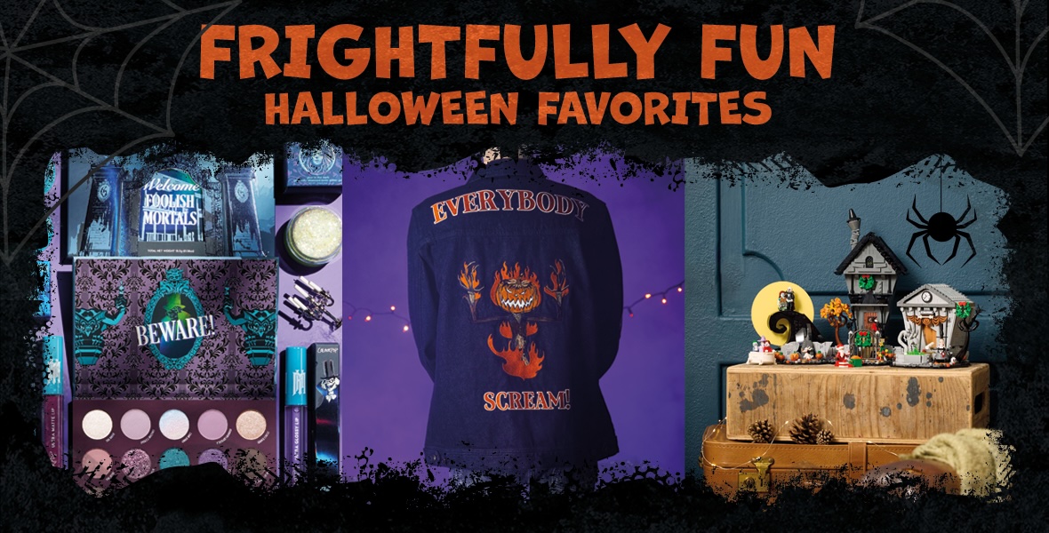 Halloween themed image with title copy “Frightfully Fun Halloween Favorites” including three product images: to the left, Haunted Mansion and ColourPop Full Collection Set; in the middle, the Cakeworthy Disney Tim Burton’s The Nightmare Before Christmas Everybody Scream Glow Denim Jacket; and to the right, LEGO Disney Tim Burton’s The Nightmare Before Christmas Building Set.