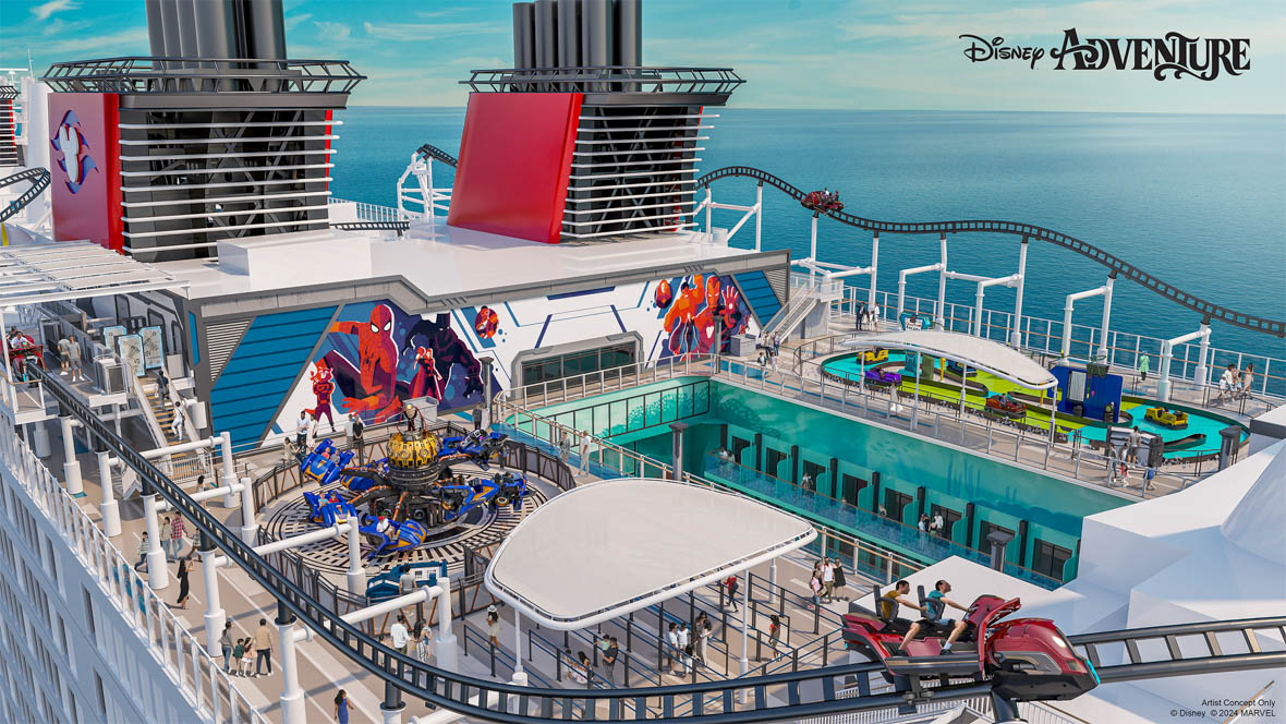 Concept art of Marvel Landing aboard the Disney Adventure cruise ship