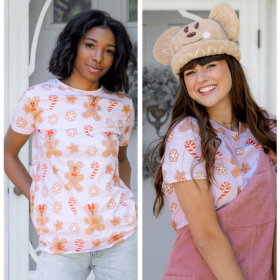 (from left to right: Mickey Gingerbread Scented Flannel, Mickey and Minnie Gingerbread AOP T-Shirt, Mickey Gingerbread Sherpa Beanie, Mickey and Minnie Gingerbread Scented Fanny Pack)