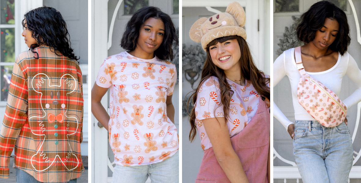 (from left to right: Mickey Gingerbread Scented Flannel, Mickey and Minnie Gingerbread AOP T-Shirt, Mickey Gingerbread Sherpa Beanie, Mickey and Minnie Gingerbread Scented Fanny Pack)