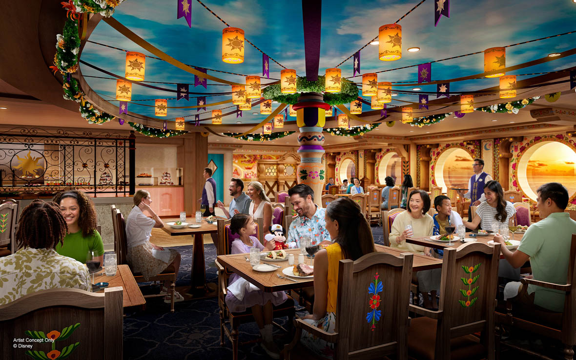 Concept art of Enchanted Summer Restaurant aboard the Disney Adventure cruise ship