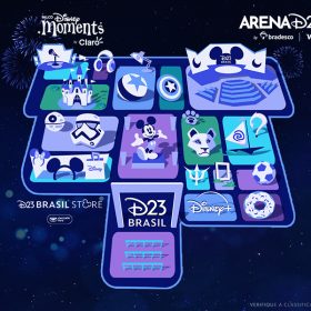 A cartoon-style illustration reveals the layout for D23 Brazil – A Disney Experience, set for November 8 through 10 in Sao Paolo, Brazil. The map highlights some of the most important spaces, including a stage called Disney Moments, the D23 Arena, and the D23 Brazil Store. Cartoon icons indicate display areas on the show floor dedicated to Pixar, Marvel, Star Wars, Moana 2, Disney Parks, and other Disney properties. The writing on the map is chiefly in Portuguese.