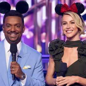 Hosts Alfonso Ribeiro and Julianne Hough wear Mickey ears on Dancing with the Stars.