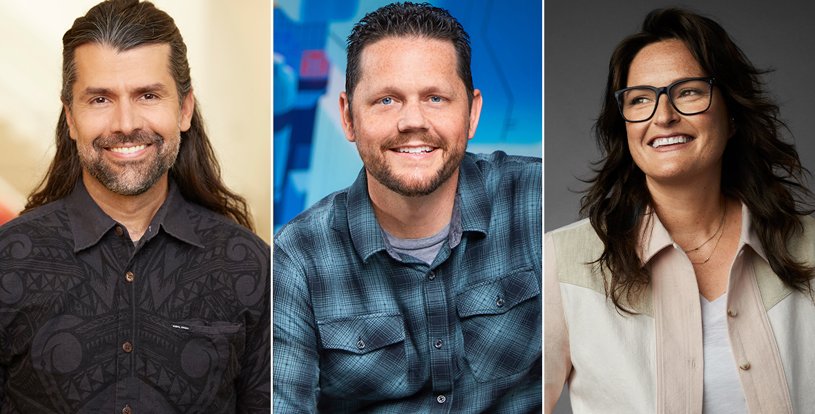 In a triptych image, photos of Moana 2 directors David Derrick Jr., Jason Hand, and Dana Ledoux Miller are seen side by side. At left, Derrick Jr. is wearing a black button-down shirt and has long dark hair; at center, Hand (who has short brown hair) is sitting on a red chair, and is wearing a blue and black plaid button-down shirt; at right, Ledoux Miller (who has long dark hair and is wearing glasses) is standing against a dark gray background, wearing a pink and white jacket, a white T-shirt, and black pants.