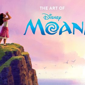 An image of the cover for The Art of Moana 2. On the left, a watercolor-style image of Moana is seen on top of a lush green hill, overlooking the ocean, is seen; she is blowing into a shell. To her left are Pua the pig and Hei Hei the rooster. On the upper right of the image is the logo for the book, and on the lower right are the book’s credits, including author Kalikolehua Hurley, preface author Jennifer Lee, and foreword authors Jason Hand, David Derrick Jr., and Dana Ledoux Miller.