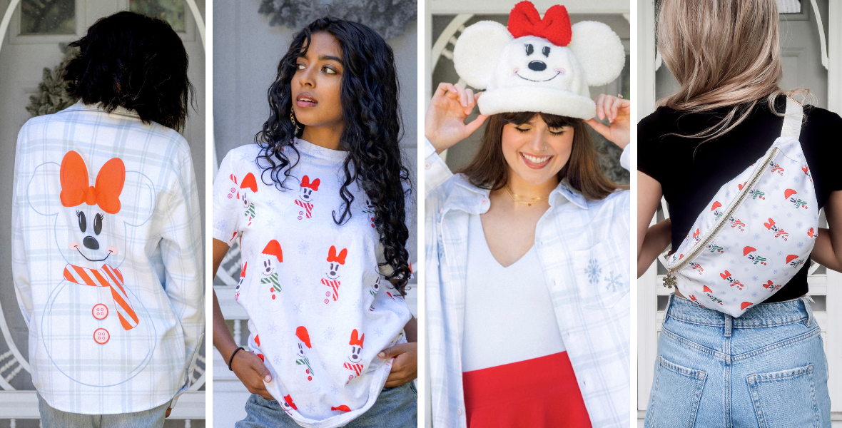 (from left to right) Minnie Scented Snowman Flannel, Mickey and Minnie Snowman AOP T-Shirt, Minnie Snowman Sherpa Beanie, Mickey and Minnie Snowman Fanny Pack)