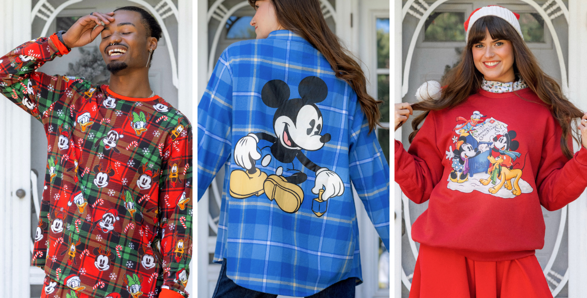 (from left to right) Mickey and Friends PJ Set, Mickey Hanukkah Flannel, Seasons Greetings Crewneck)