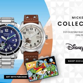 The left side of the graphic showcases close-ups of three Citizen watches that are part of a limited box set. It also shows the Gift With Purchase poster that you would receive if you buy the set. On the right the black text reads ‘Mickey Lifestyle Collector’s Set. D23 Gold Members shop exclusively here first. Only 100 sets available. Shop exclusively here first.’