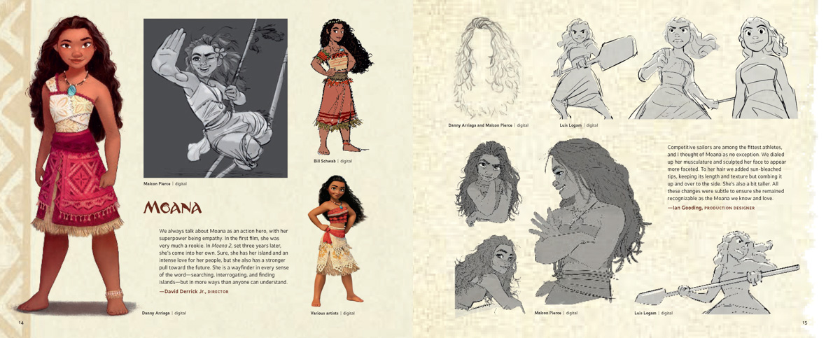 An image from the new Art of Moana 2 book, authored by Kalikolehua Hurley. Renderings of Moana are seen, with different facial expressions and renderings done in digital formats. Also seen are captions from co-director David Derrick Jr. and production designer Ian Gooding.