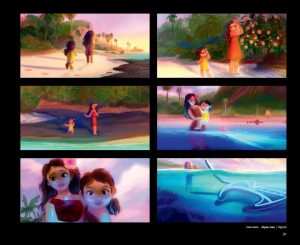 An image from the new Art of Moana 2 book, authored by Kalikolehua Hurley. The image features six panels, and each features a watercolor-style look at Moana and her little sister Simea walking through various locations on Motunui. The final bottom-right panel finds Moana and Simea standing in the ocean and looking at a bioluminescent sea creature.