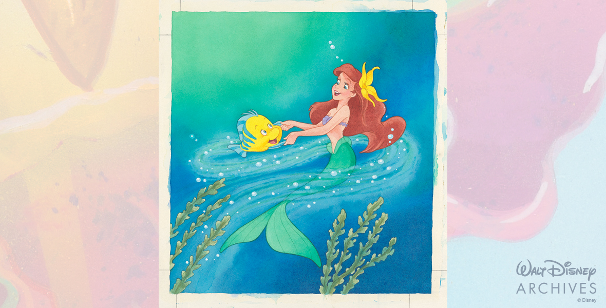 Ariel spinning Flounder underwater with bubbles and kelp around them.