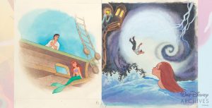 The left page has Ariel watching Prince Eric from the side of his sailing ship and the right page has Prince Eric falling into the water during a storm as Ariel watches.