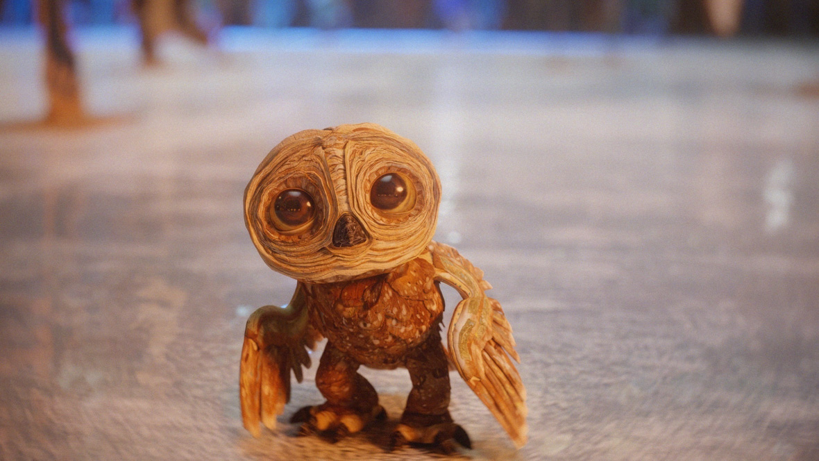 An owl named Moon crouches in a scene from An Almost Christmas Story.