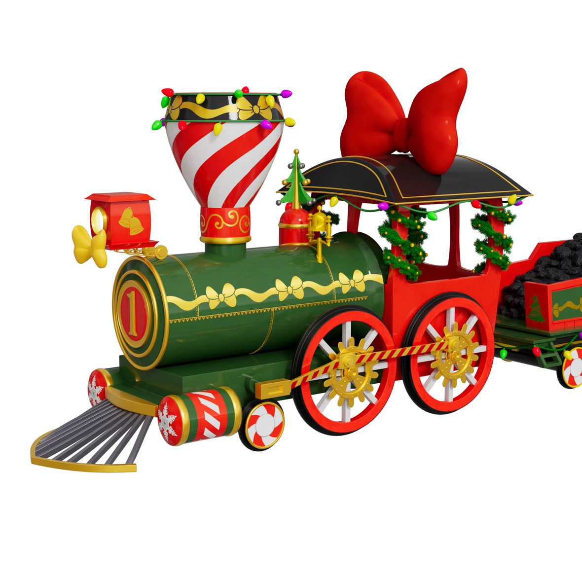 A model train featured in the holiday special Mickey and the Very Many Christmases. The train is painted green, red, and black with gold accents, and it’s adorned with a festive red bow on top.