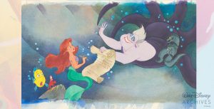 Ursula with Flotsam and Jetsam at her side holds the contract for Ariel to sign with Flounder and Sebastian cowering behind Ariel.