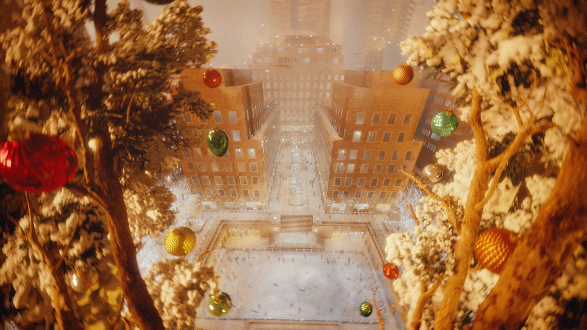 An aerial shot of the Rockefeller Plaza ice skating rink — from inside the Christmas tree — in a scene from An Almost Christmas Story