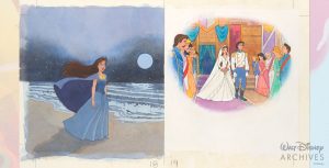 The left page has Ursula disguised as Vanessa walking down the beach singing and the right page has Vanessa and Prince Eric at the wedding ceremony.