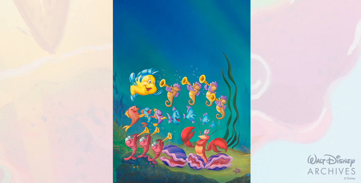 Underwater painting of the yellow fish Flounder alongside several other sea creatures, including four trumpet-playing seahorses and a lobster playing a pair of purple and pink clams on the ocean floor.