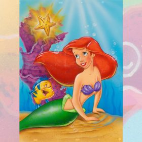 Ariel and Flounder underwater admiring a dancing couple wind-up toy.