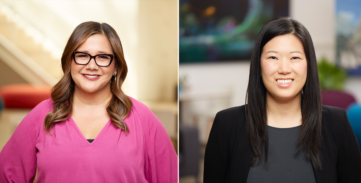 Side-by-side headshots of (l-r) Moana 2 producers Yvett Merino and Christina Chen. Merino has long brown hair and is wearing a pink long-sleeved shirt and glasses; Chen has long back hair and is wearing a black shirt and blazer.