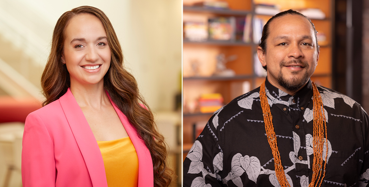 Side-by-side headshots of (l-r) Moana 2 Oceanic Cultural Trust members Kalikolehua Hurley and Lāiana Kanoa-Wong. Hurley has long light brown hair and is wearing a pink blazer and yellow shirt. Kanoa-Wong has dark hair and is wearing a flower-patterned shirt and beads around his neck.