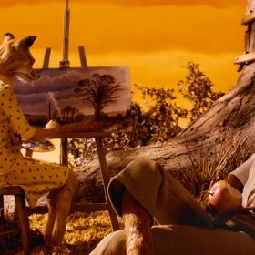 In a scene from Fantastic Mr. Fox, Mrs. Fox (voiced by Meryl Streep), an anthropomorphic fox, sits on a stool, painting a canvas that depicts trees under a cloudy sky with flashes of lightning. She wears a mid-sleeve yellow wrap dress with small red apples. Nearby, Mr. Fox (voiced by George Clooney), an anthropomorphic fox, lounges by a tree, holding a bitten apple in his right hand. He sports a short-sleeved white shirt, a striped tie, and khaki pants. The background features a gradient sky in hues of yellow and orange, complemented by fields in matching tones