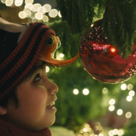 An orange octopus, sitting atop a young boy's head, peeks out from underneath a Mickey Mouse beanie. It reaches out and notices its reflection in a red Christmas ornament.