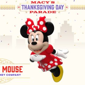 A rendering of the new Minnie Mouse float is shown at center in this promotional image. She wears her signature red bow, red and polka-dot dress and yellow shoes. She is smiling. A headline reads “Macy’s Thanksgiving Day Parade” in red ink with purple for the word “Thanksgiving.” In the left-hand corner is a logo that reads “Minnie Mouse” in red type and “The Walt Disney Company” in purple, with graphic elements in gold of stars and swirls. On upper right-hand corner in a red wavy-edged circle reads “All New for 2024” in white type with a yellow star at top and bottom. A red star and the words “macy’s studios” in black type is at the lower right-hand corner.