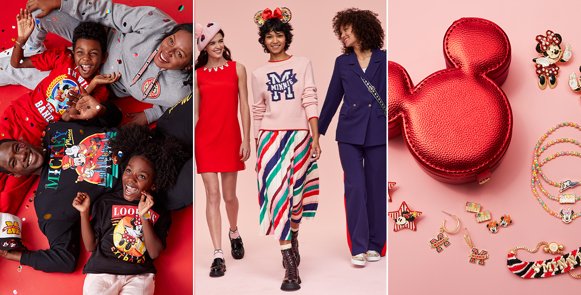 Left: A four-person family, with the father in the middle, son at upper left, mom center and daughter at bottom center, is seen laying against a red background with silver confetti sprinkled at the left. They wear exclusive loungewear items from the Disney x Macy’s holiday collection. Center: Three women stand facing the camera against a pink background, all wearing items from the exclusive Disney x Macy’s holiday collection. The woman at left wears a pink Minnie Mouse beret and red sleeveless dress with Minnie Mouse silver emblems at the neck. The woman at center wears a gold and red bow ear band and Minnie Majorette fashion sweater and midi skirt, while the woman at right wears a Minnie Majorette tailored jacket and pants. Right: An array of accessories from Bauble Bar themed to Minnie Mouse’s Macy’s Thanksgiving Day parade debut, which are part of the exclusive Disney x Macy’s collection are displayed against a pink backdrop. 