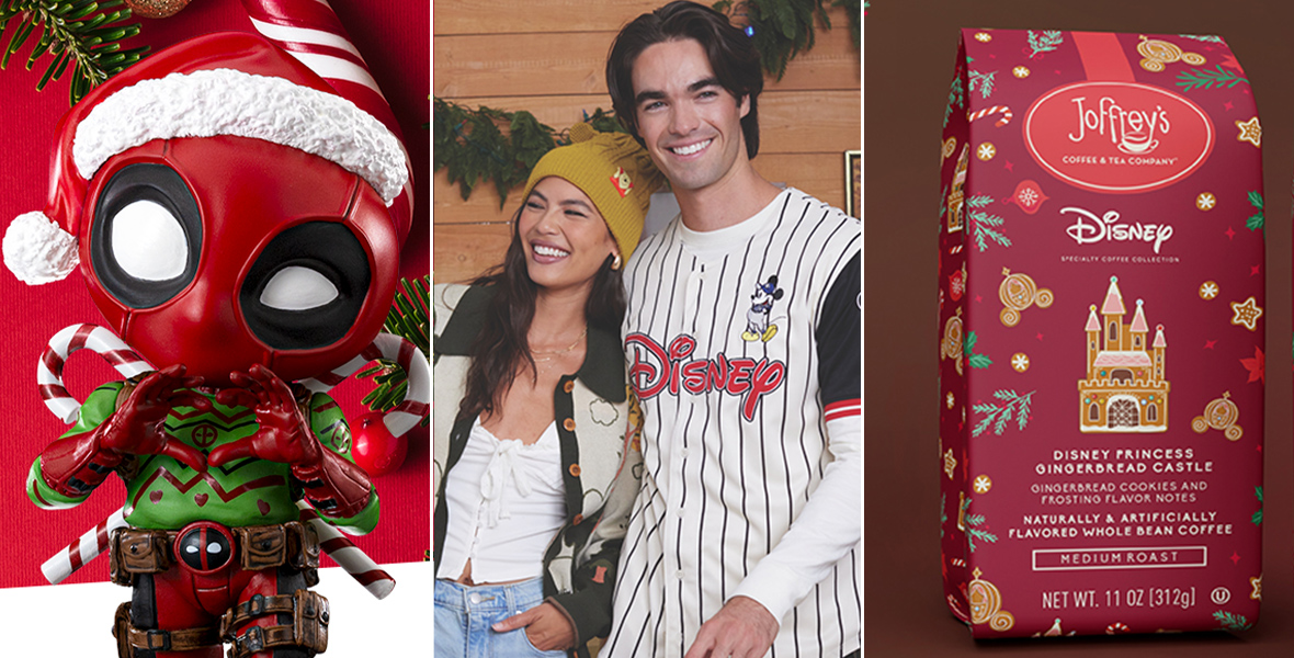 A figurine of Deadpool from Iron Studios is decked out with a Santa hat, green and red festive sweater with interlocked candy cakes in the background; Two models, one woman and man, are adorned with BoxLunch Disney apparel, and smile at the camera. A backdrop of a holiday wreath and other evergreen is behind them with copy that reads “25 % off your next purchase”: a bag of Joffrey’s Disney Princess Gingerbread Castle holiday blend is prominently displayed.