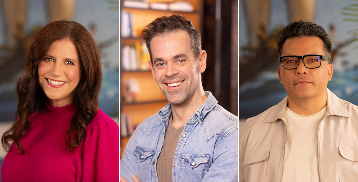 A triptych of headshots featuring Moana 2 head of animation Amy Smeed (left), head of animation Kevin Webb (center), and character art director Daniel Arriaga (right). Smeed has reddish brown hair and wears a dark pink sweater; Webb has short brown hair and wears a denim button-down shirt over a brown T-shirt; and Arriaga has short black hair and wears glasses, and is wearing a tan jacket over a lighter-tan T-shirt.