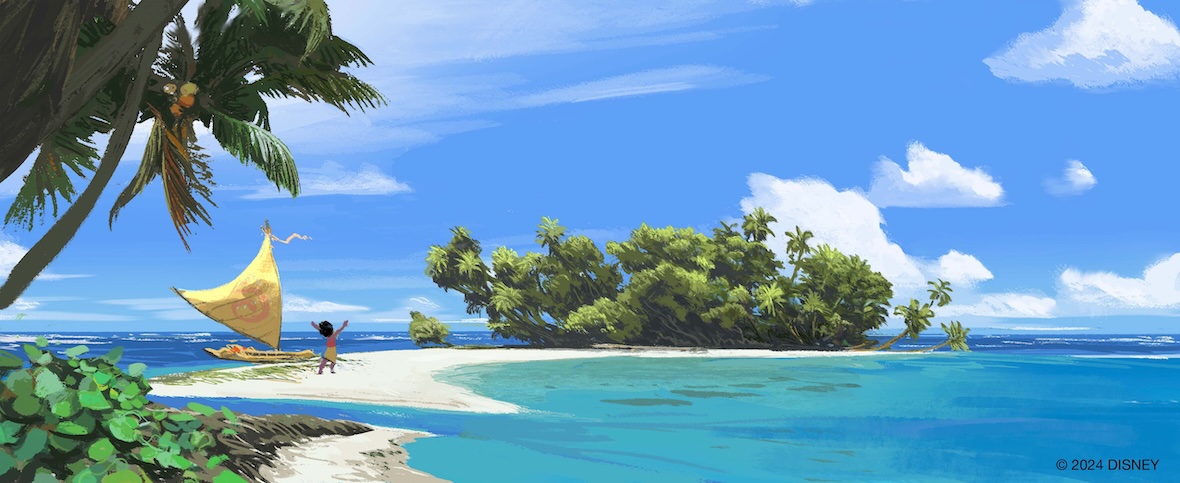 In a watercolor-style visual development image created for Walt Disney Animation Studios’ Moana 2 by Kevin Nelson, Moana is seen in the distance standing on an atoll next to her canoe. Toward the middle of the image, at the end of the atoll, is a cluster of greenery; to the left of the image, in the foreground, is a portion of the main island with a palm tree and more greenery. The sea is very blue, and fluffy white clouds are seen throughout the sky.