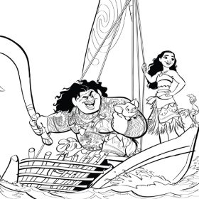 A black and white coloring page outlines Moana, Maui, Pua (a pot-belly pig), and Heihei, a rooster, from the Moana franchise on a wooden canoe. Maui holds a large jawbone fish hook in his right hand and Pua with his left arm, while Moana and Heihei are on the front edge of the canoe.