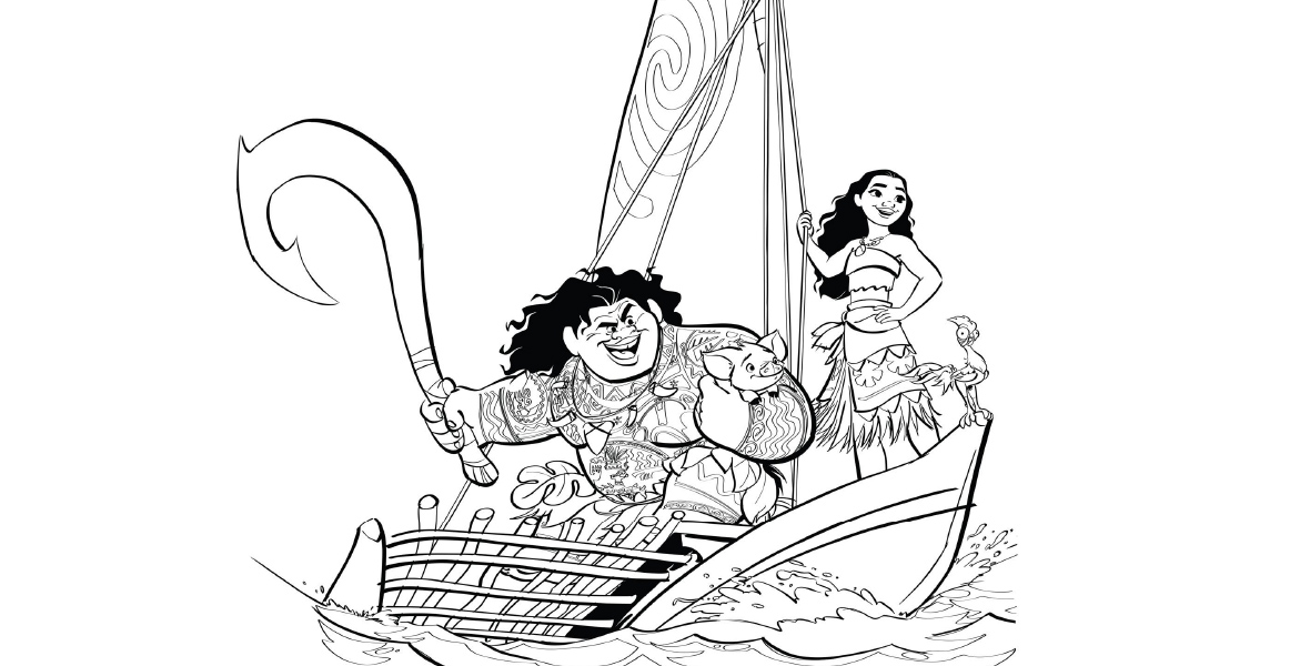 A black and white coloring page outlines Moana, Maui, Pua (a pot-belly pig), and Heihei, a rooster, from the Moana franchise on a wooden canoe. Maui holds a large jawbone fish hook in his right hand and Pua with his left arm, while Moana and Heihei are on the front edge of the canoe.