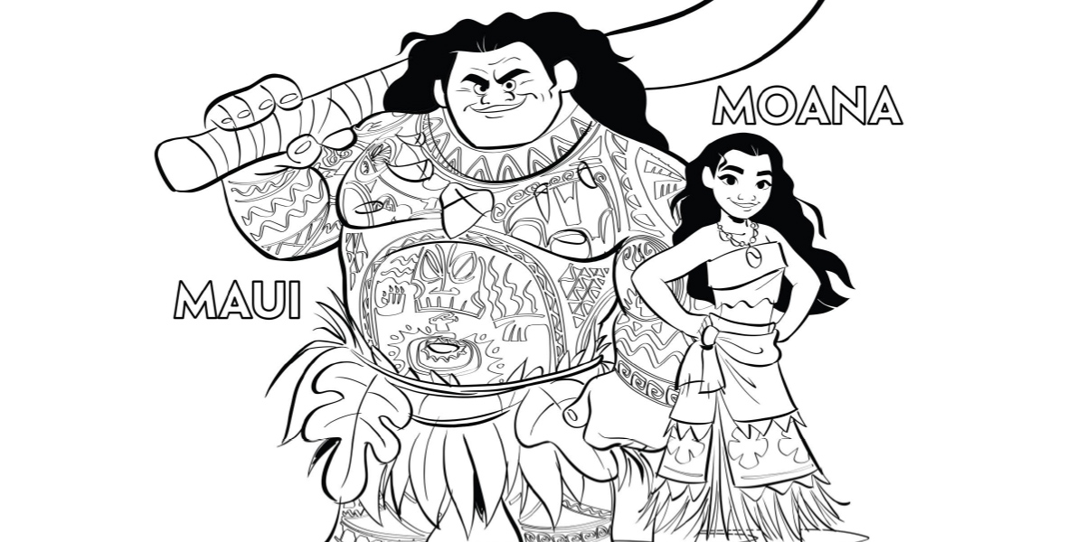 A black and white coloring page outlines Moana and Maui from the Moana franchise, looking ahead with determination. Maui holds a large jawbone fish hook. The coloring page reads “MAUI” and “MOANA.”