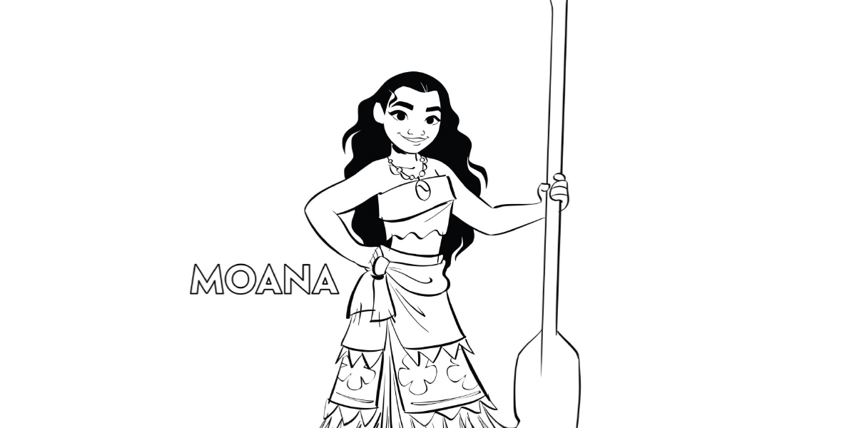 A black and white coloring page outlies Moana from the Moana franchise. She wears a strapless top and wrap skirt and holds a wooden paddle oar in her left hand. The coloring page reads “MOANA” on the bottom left.